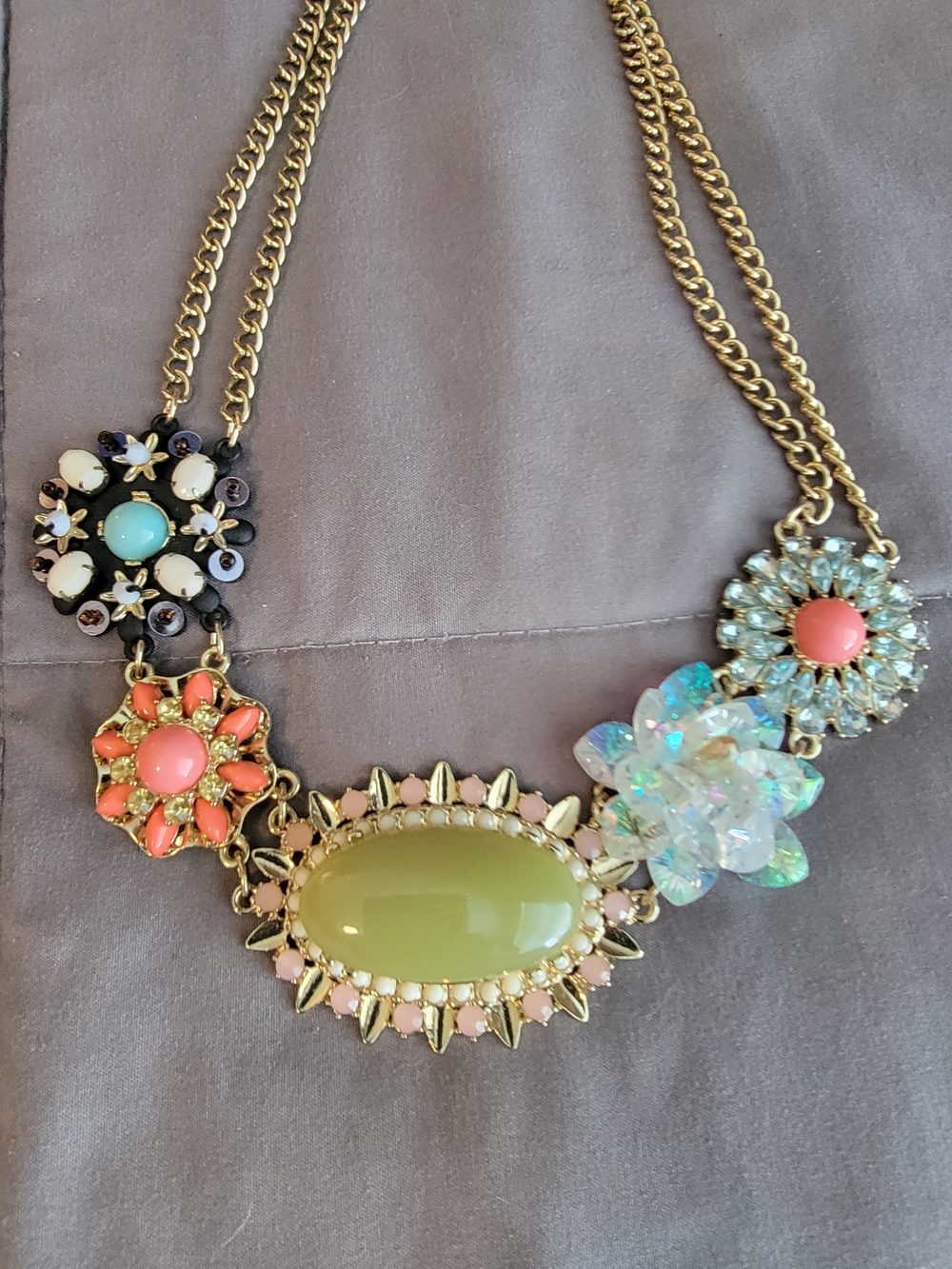 Plunder "CLARIBEL" Statement Multicolor Floral Bib Necklace - Gold Chain